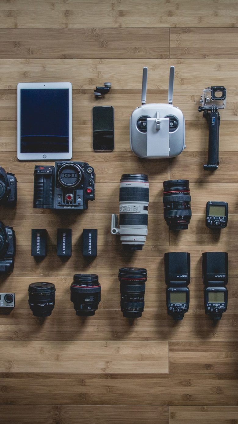 Camera gear laid out on a table